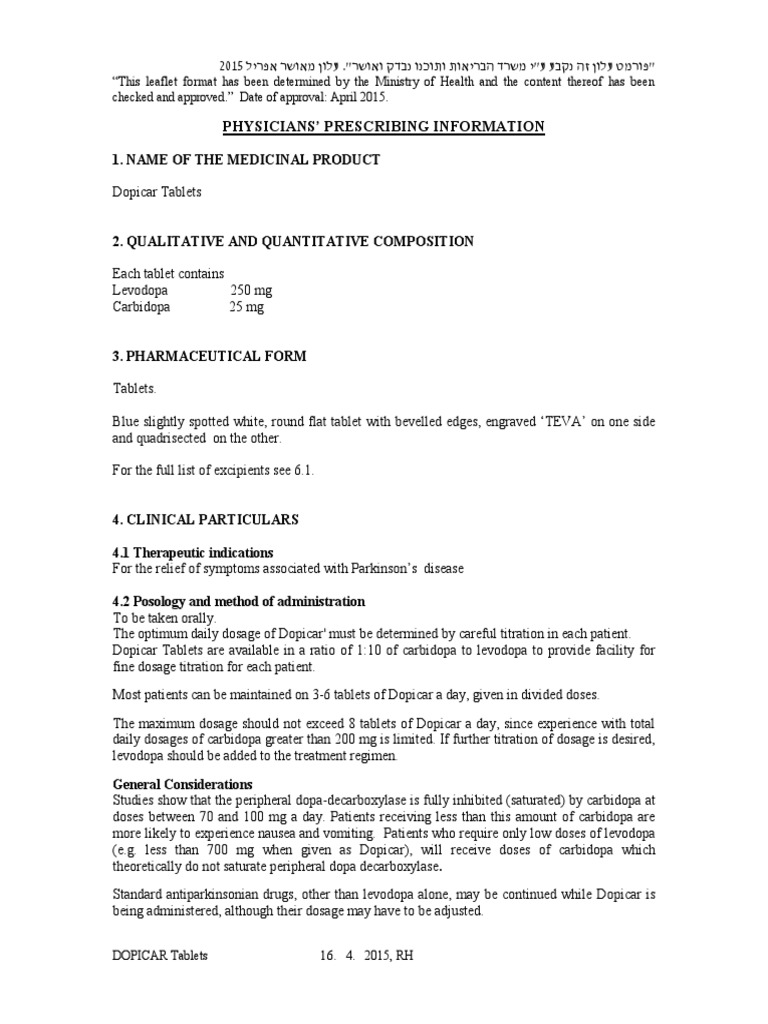 Dopicar: Levodopa-Carbidopa Guide | PDF | Chemistry | Dose (Biochemistry)