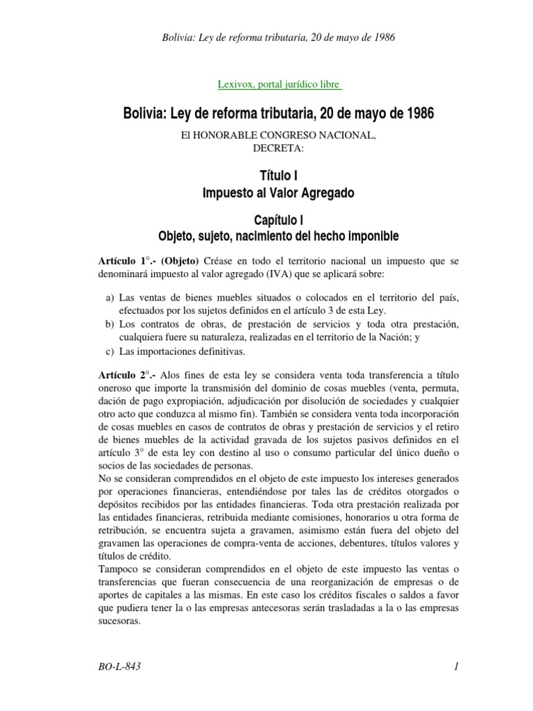 Ley 843: Reforma Tributaria en Bolivia | PDF | Impuestos | Impuesto ...