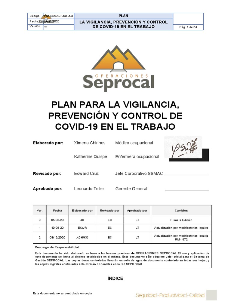 Plan de Control COVID-19 en Salud Laboral | PDF | Lavado de manos ...