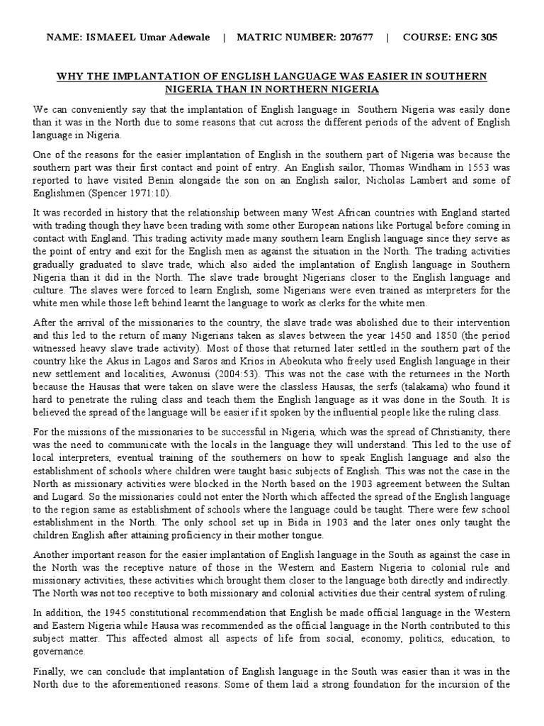 Implantation of English in Nigeria by Umar Ismaeel (207677) PDF