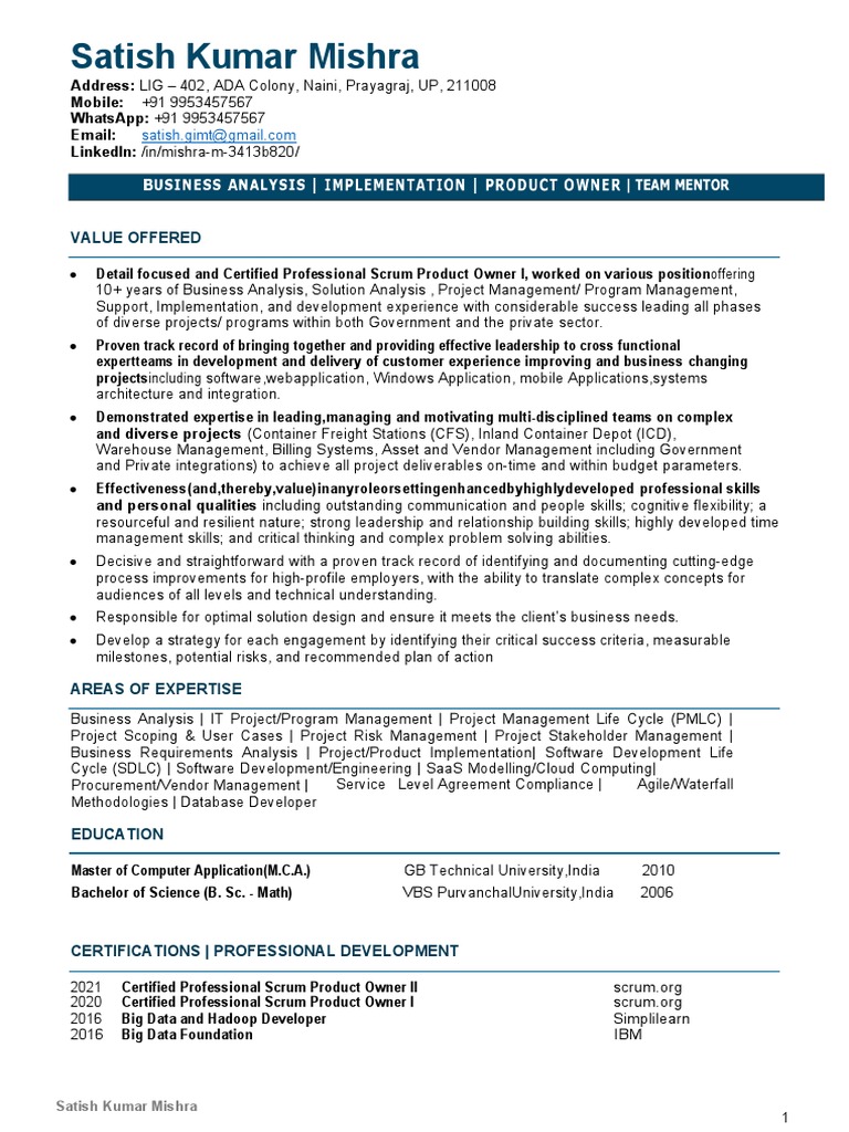 Profile of Satish Kumar Mishra | PDF | Scrum (Software Development ...