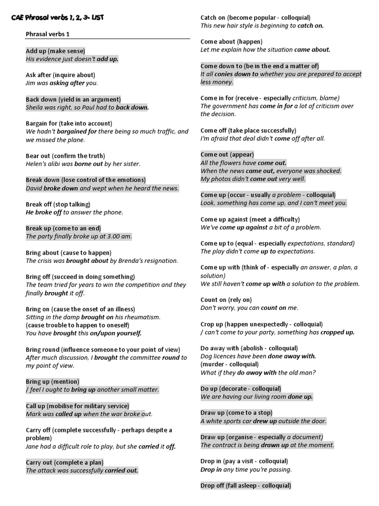 CAE Phrasal Verbs Comprehensive List | PDF