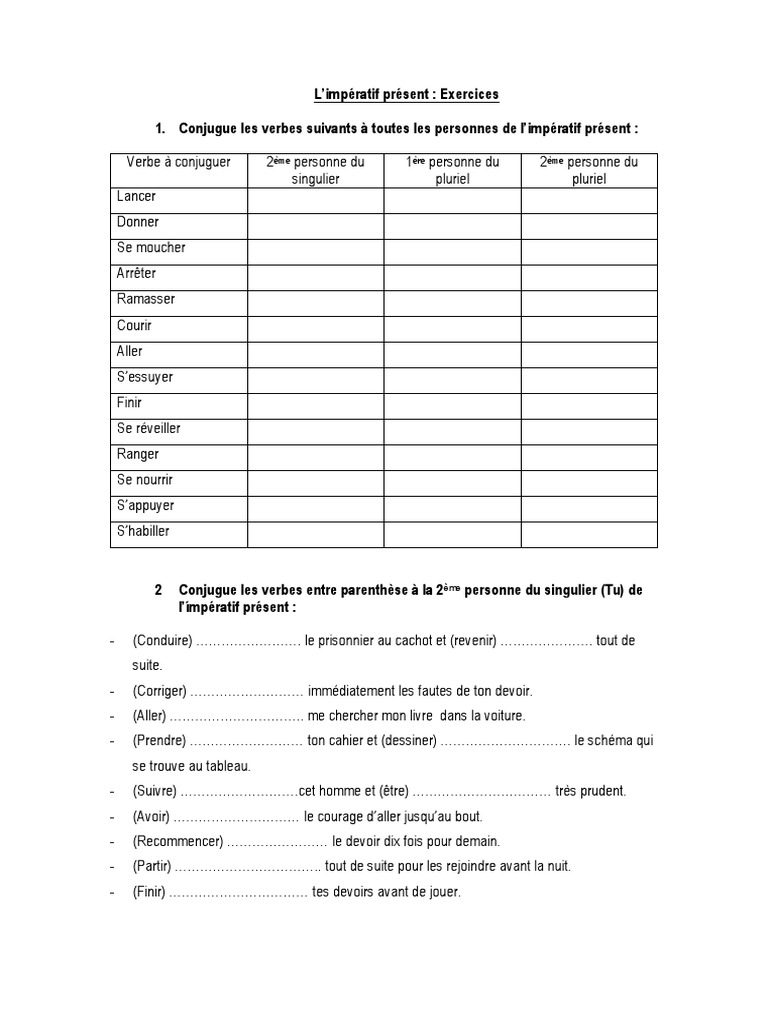 Exercice Sur L impératif Présent 5ème Exercices Impératif 2 | PDF