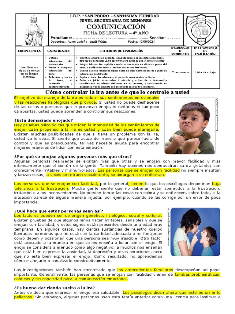 Ficha de Lectura 4to 10-08-21 | PDF | Ira | Las emociones