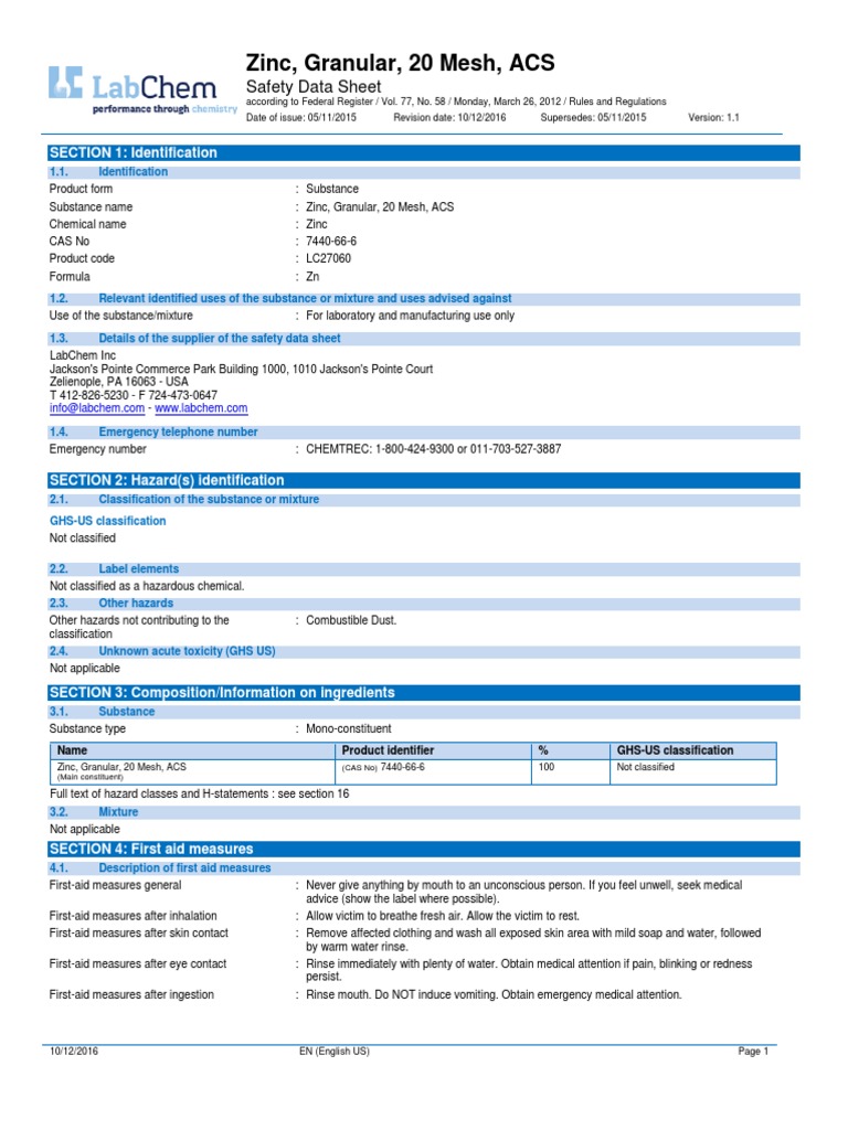 Understanding the Properties and Hazards of Zinc Granules Through a