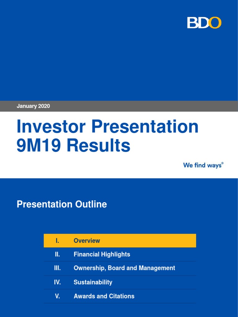 BDO Unibank Investor Presentation 9M19 | PDF | American Depositary Receipt  | Loans