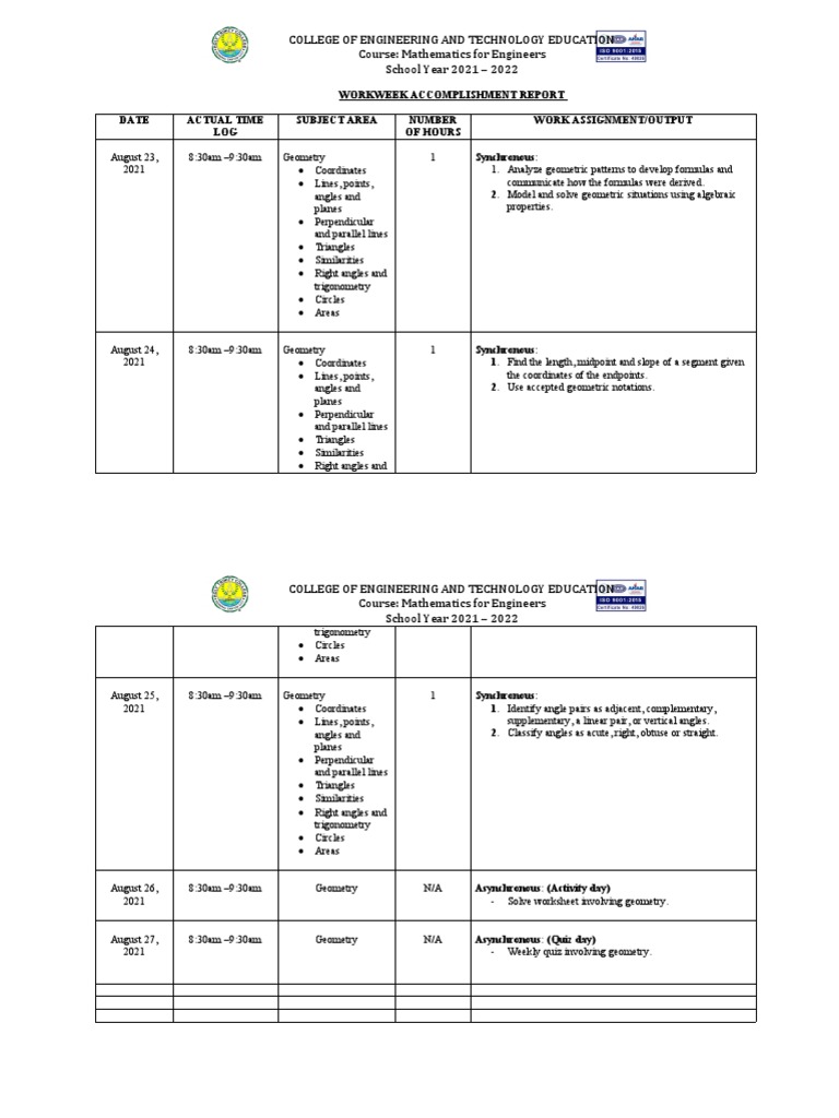 Engineering Math Workweek Report | PDF | Line (Geometry) | Triangle