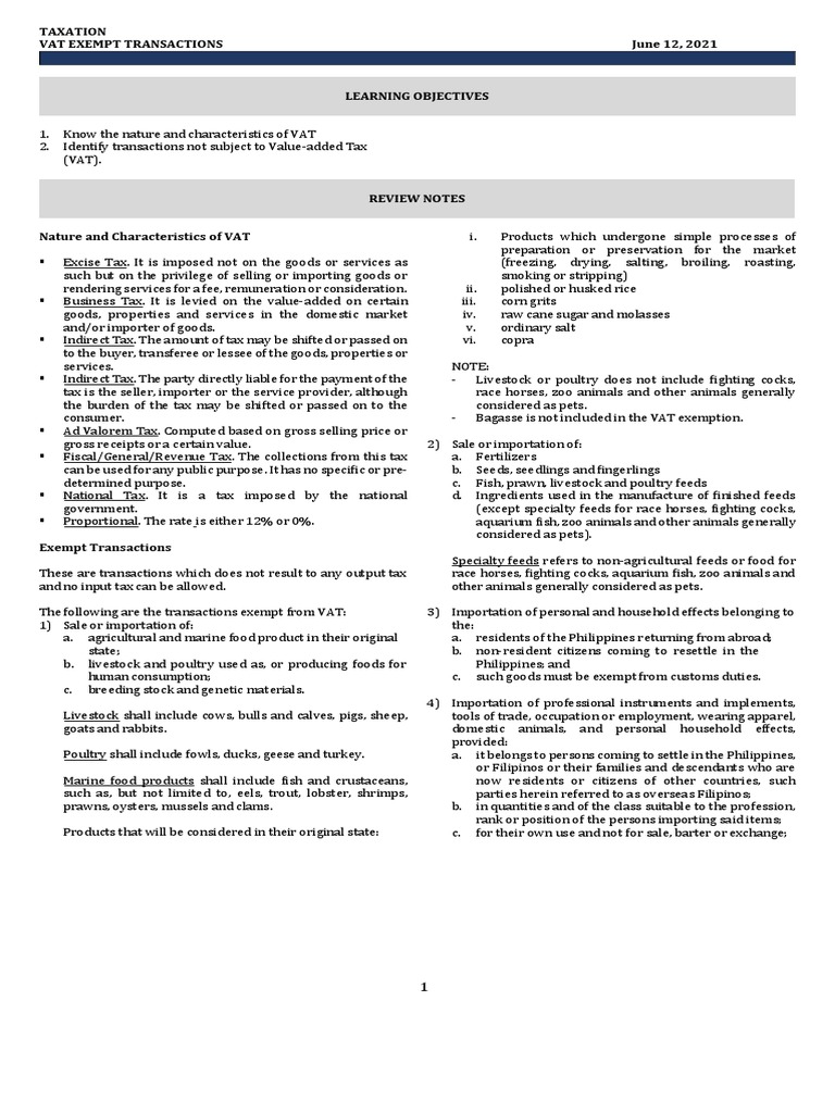 VAT Exempt Transactions PDF Value Added Tax Taxes
