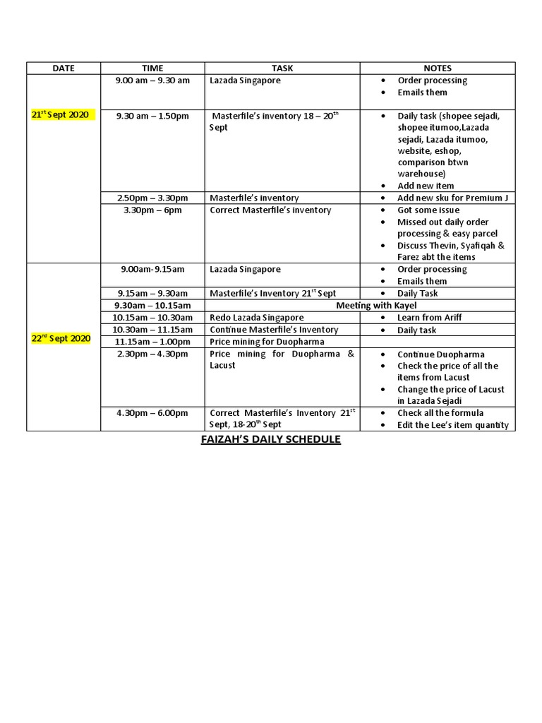 Date Time Task Notes: Faizah'S Daily Schedule | PDF | Systems Science ...