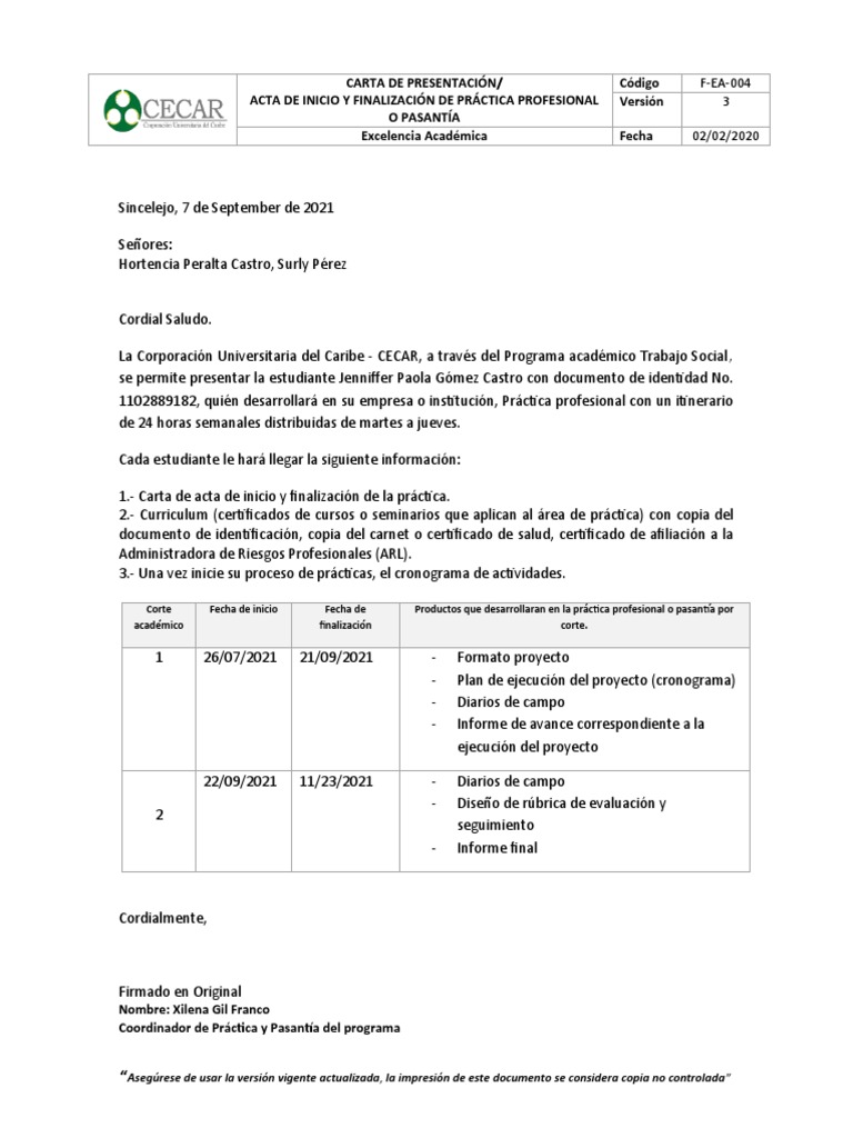 Acta de Inicio y Finalización de Práctica Profesional | PDF