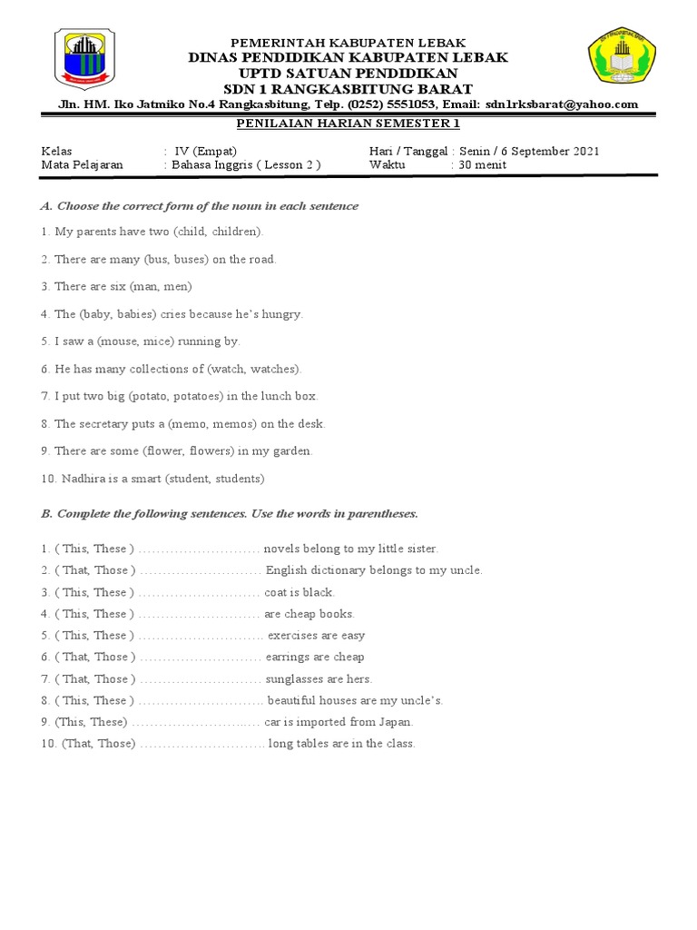 Kuis Bahasa Inggris Kelas 4 | PDF | Language Arts & Discipline ...
