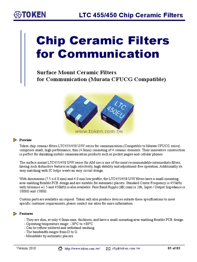 Surface Mount Ceramic Filters for Communication Token's LTC455/450