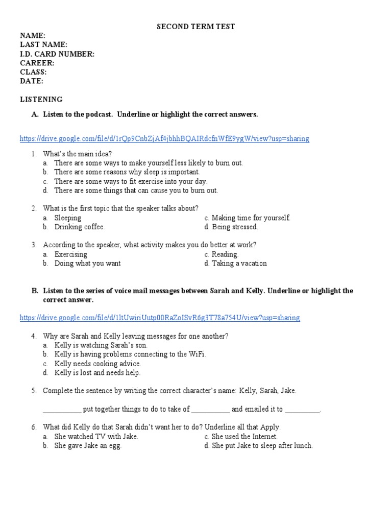Second Term Test: Listening & Grammar | PDF | Language Arts ...