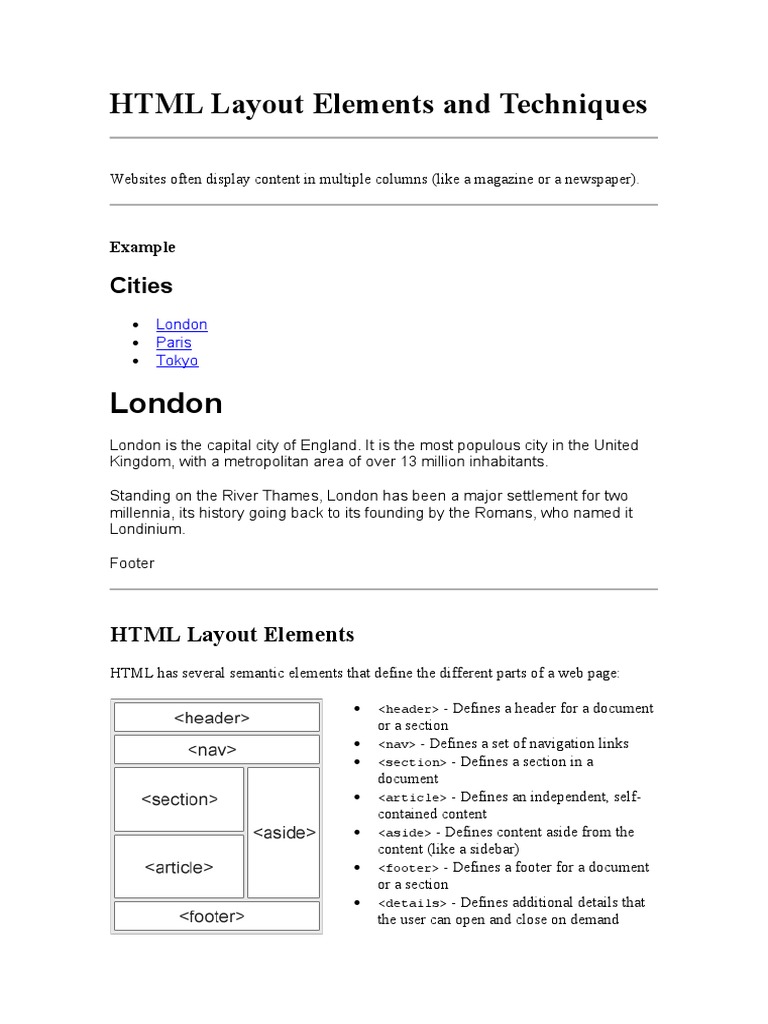 HTML Layout Elements and Techniques | PDF | Page Layout | Html