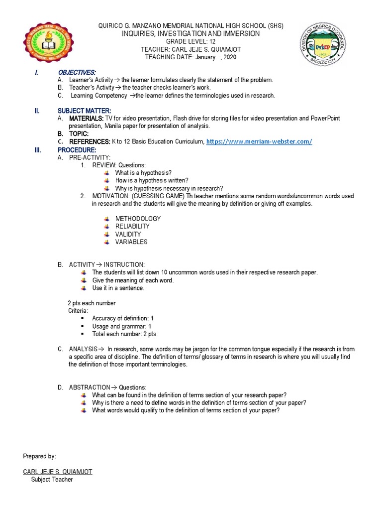 I. Objectives:: Inquiries, Investigation and Immersion | PDF | Teachers ...