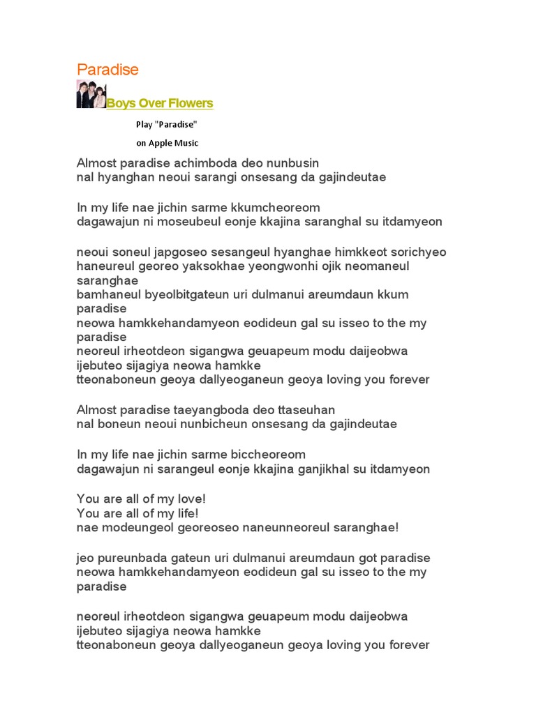 "Paradise" Lyrics - Boys Over Flowers | PDF | Poetry