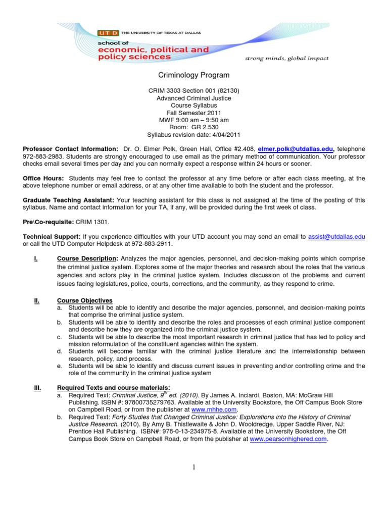 Ut Dallas Syllabus For Crim3303 001 11f Taught By Otto Polk