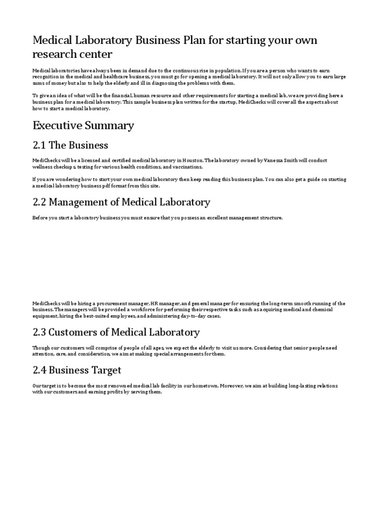 Medical Laboratory Business Plan For Starting Your Own Research Center PDF Physical