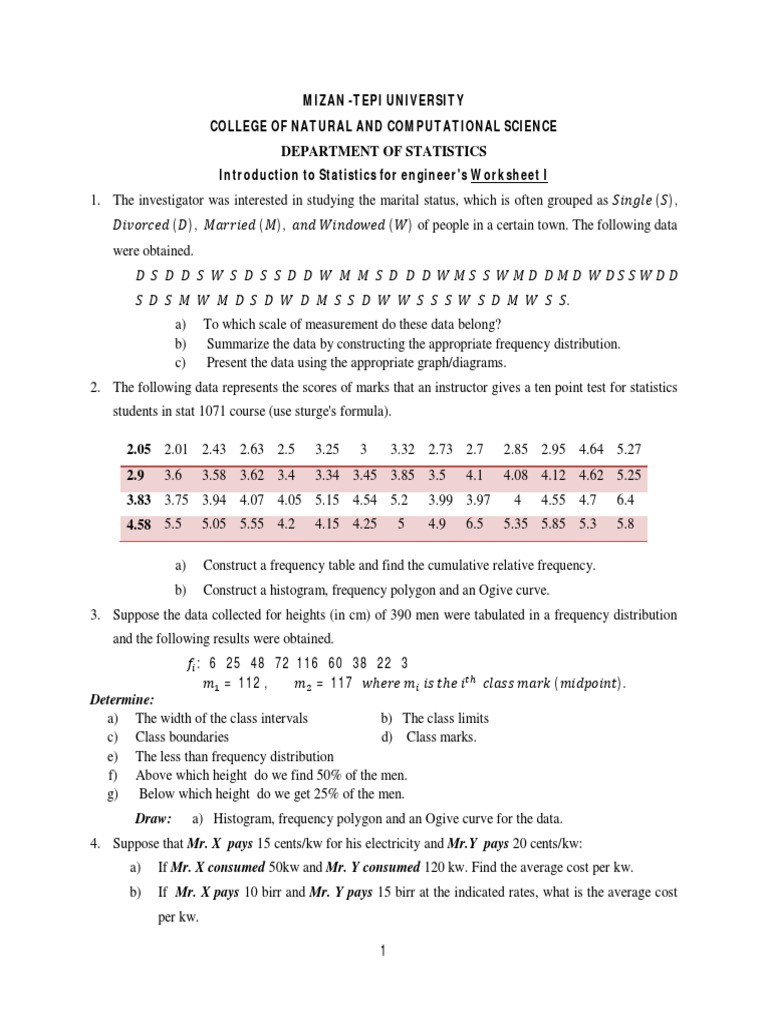 Statistics Worksheet for Engineers | PDF | Histogram | Statistics