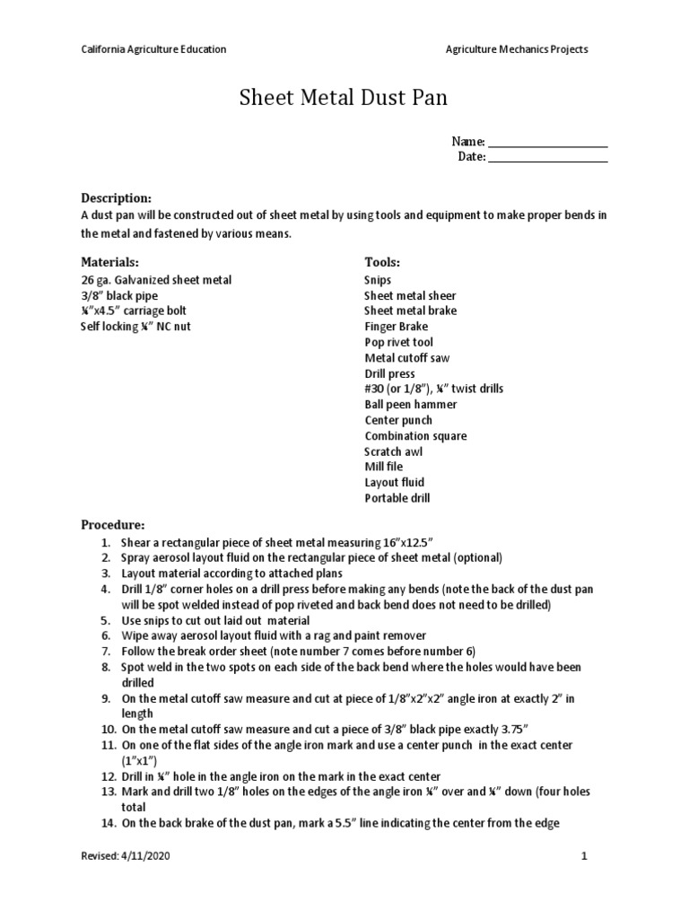 Sheet Metal Dust Pan: Description | PDF | Occupational Safety And ...