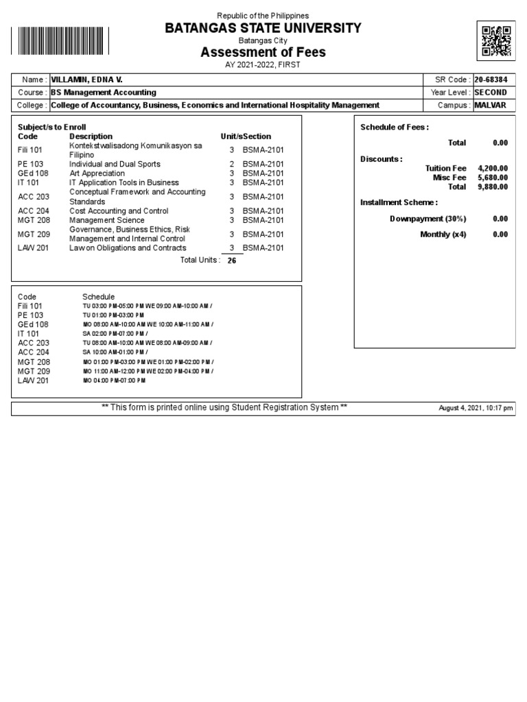 Batangas State University Assessment of Fees: This Form Is Printed ...