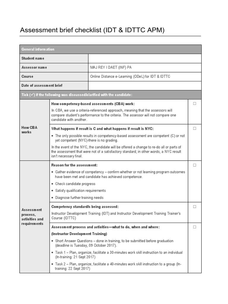 IDT Assessment Brief Checklist | PDF | Communication | Teaching