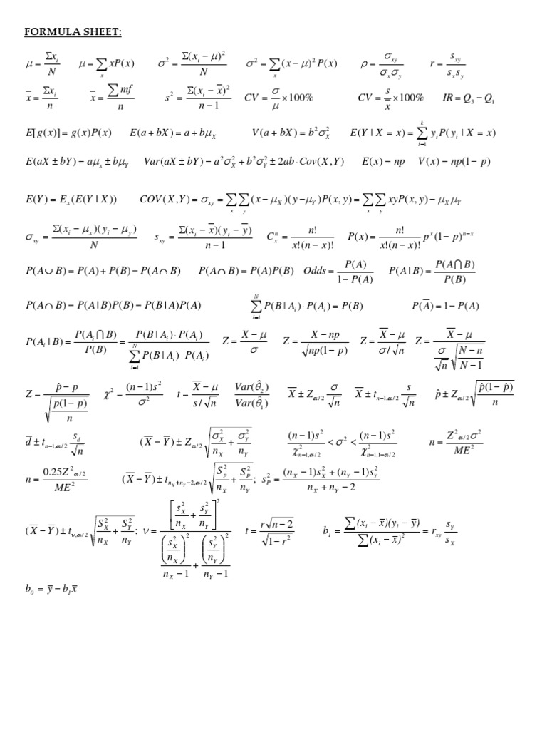 Formula Sheet X Xp X P X S S S R X X N X X S