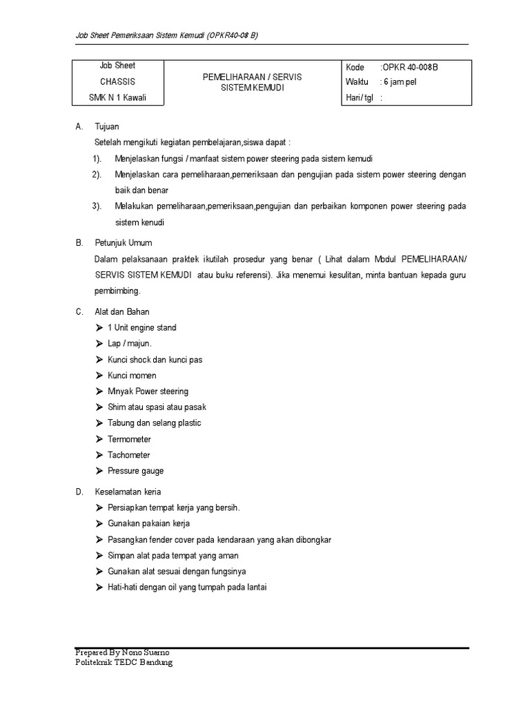 Job Sheet Power Steering | PDF
