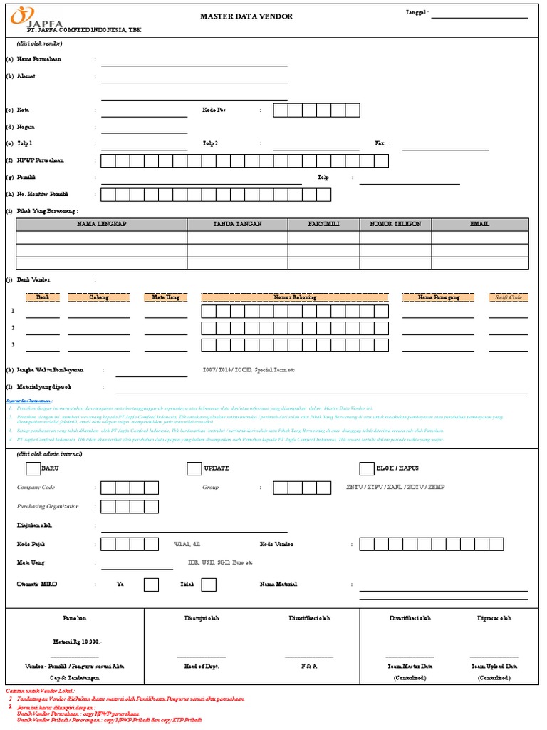 Formulir Master Data Vendor Japfa | PDF