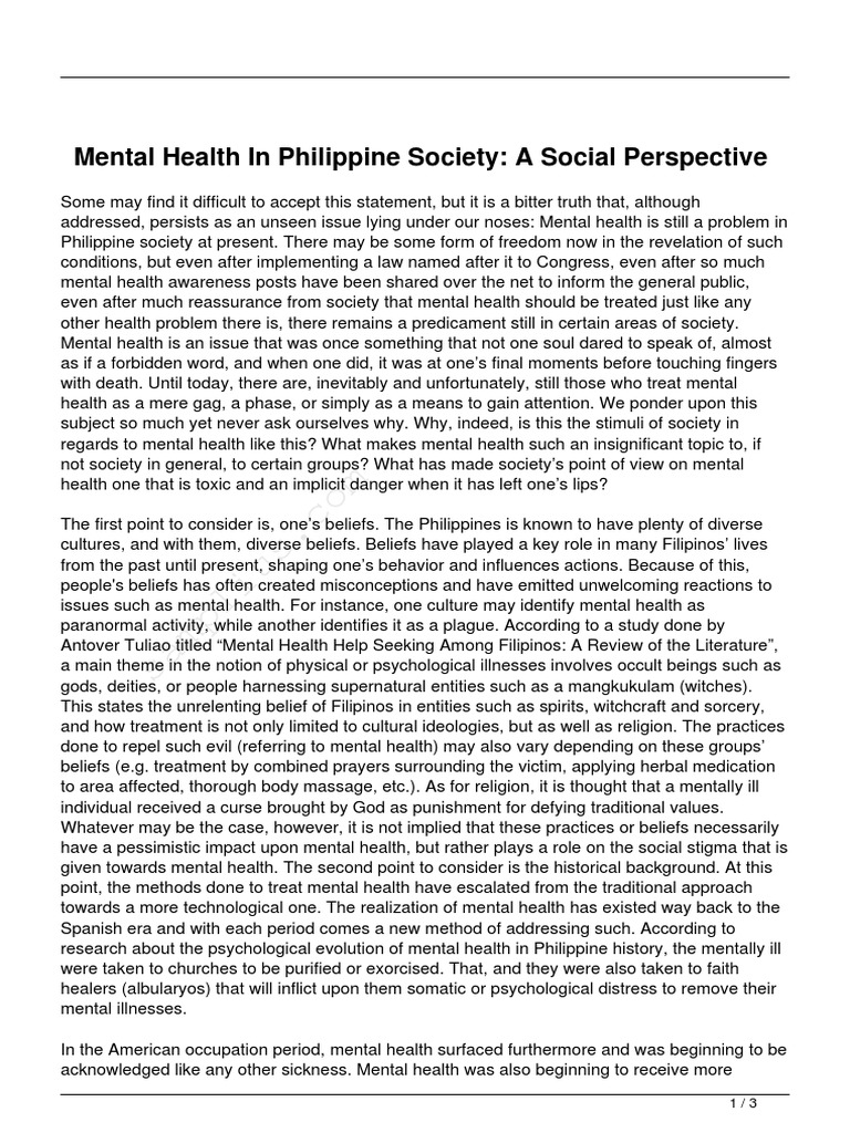Mental Health as a Social Issue in the Philippines | PDF | Mental ...