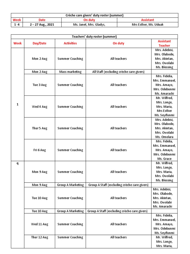 Summer Teacher Duty Roster 2021 | PDF | Child Care | Relationships