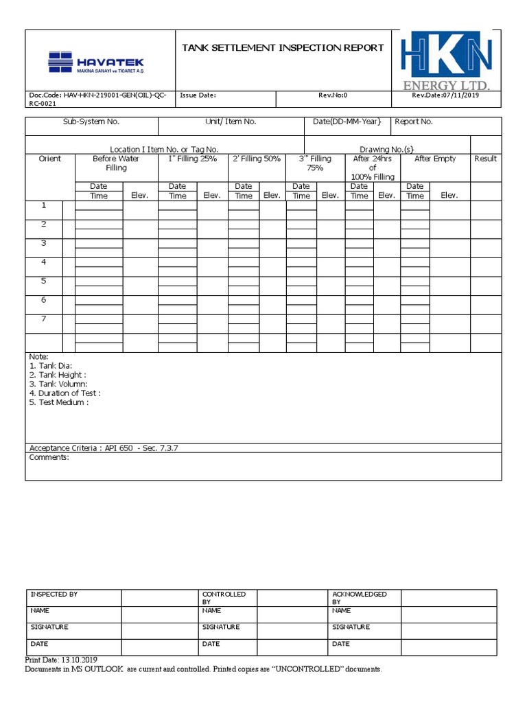 020 - Tank Settlement Inspection Report | PDF
