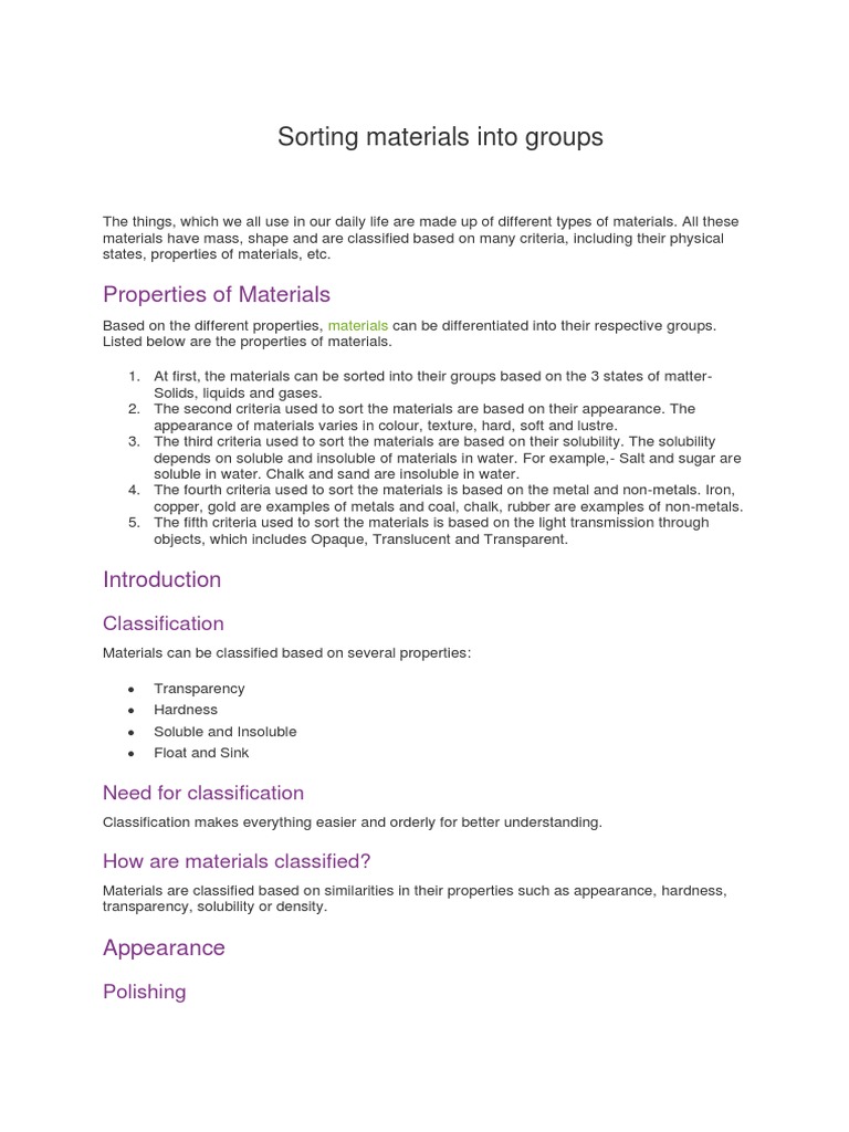 Sorting Materials Into Groups | PDF | Solubility | Buoyancy