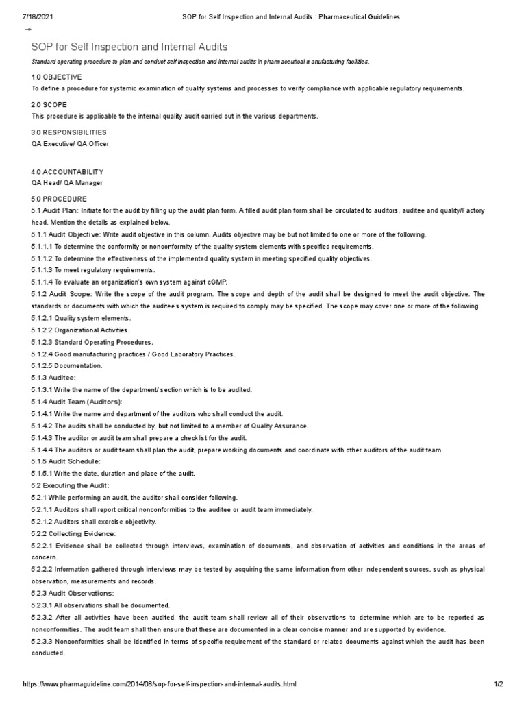 SOP For Self Inspection and Internal Audits - Pharmaceutical Guidelines ...