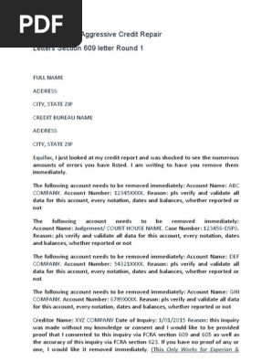 Dispute Letter Aggressive Credit Repair Letters Section 609 letter Round 1