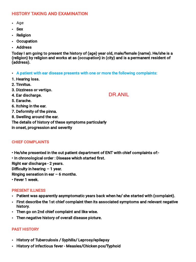 ENT History Taking and Examination Guide | PDF | Human Nose | Medical ...