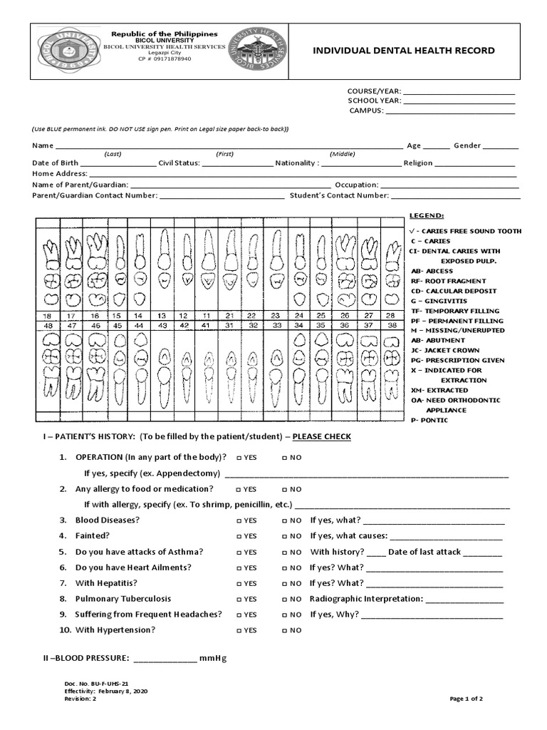 Individual Dental Health Record Republic of The Philippines PDF Dentist Hypertension