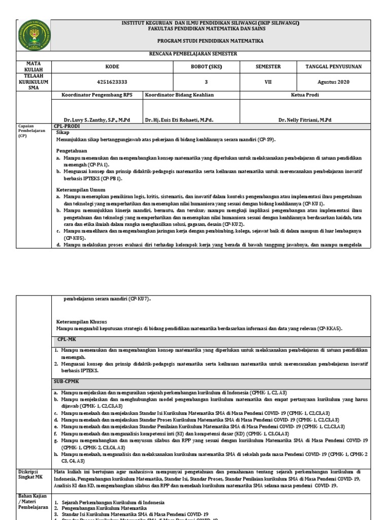RPS Kurikulum Matematika SMA 2020 | PDF