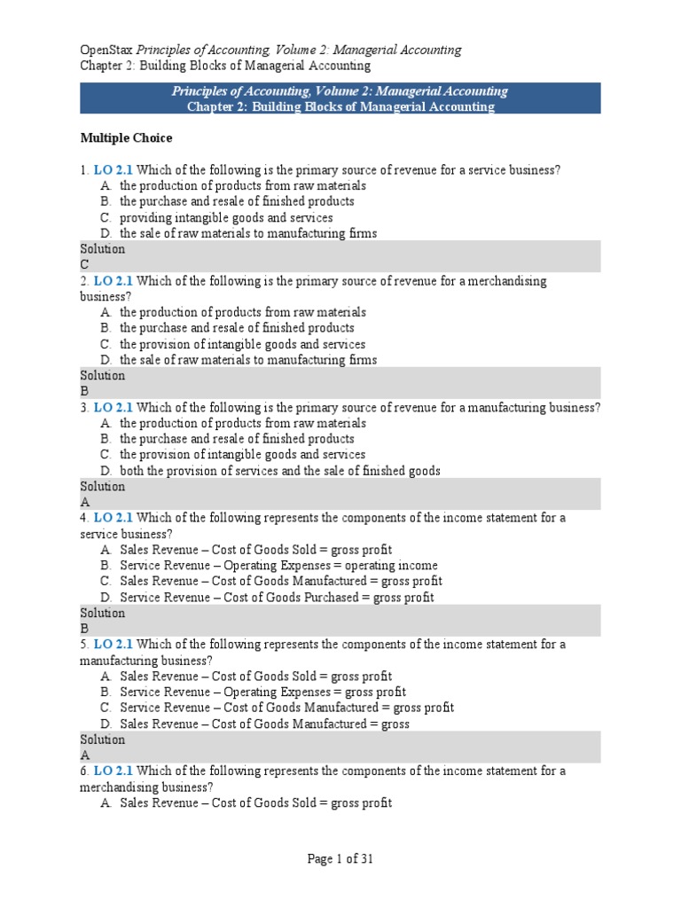 Multiple Choice: Principles of Accounting, Volume 2: Managerial ...