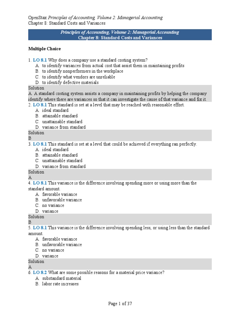 Multiple Choice Principles of Accounting, Volume 2 Managerial