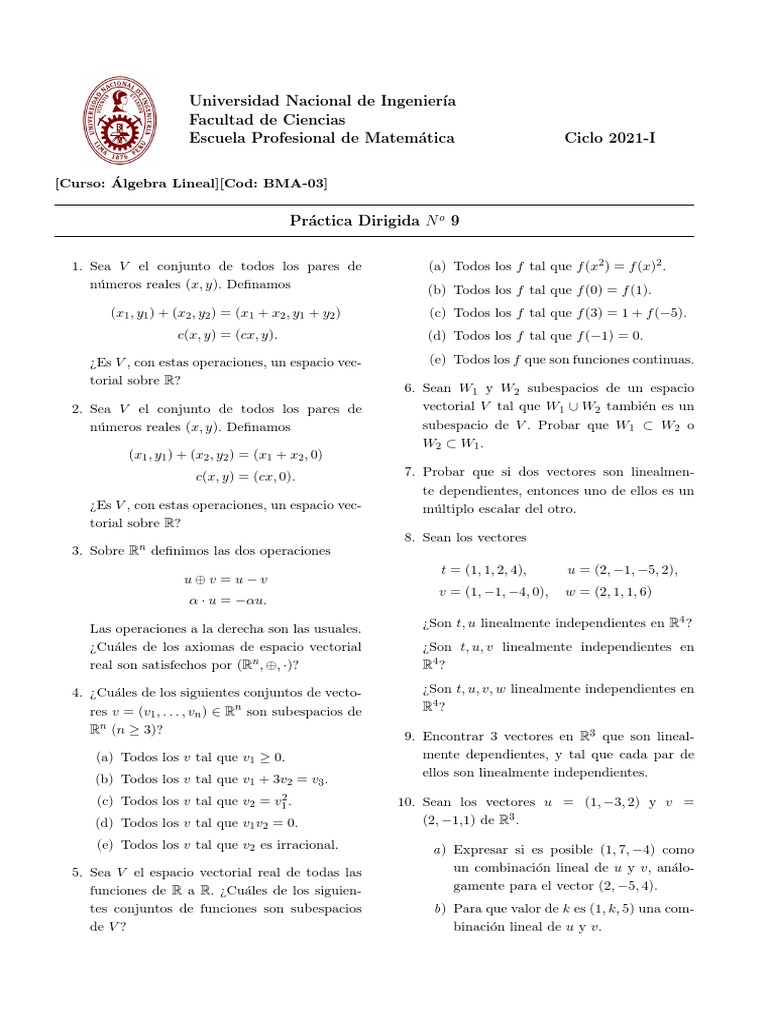 Ejercicios de Álgebra Lineal y Espacios Vectoriales | PDF | Espacio ...