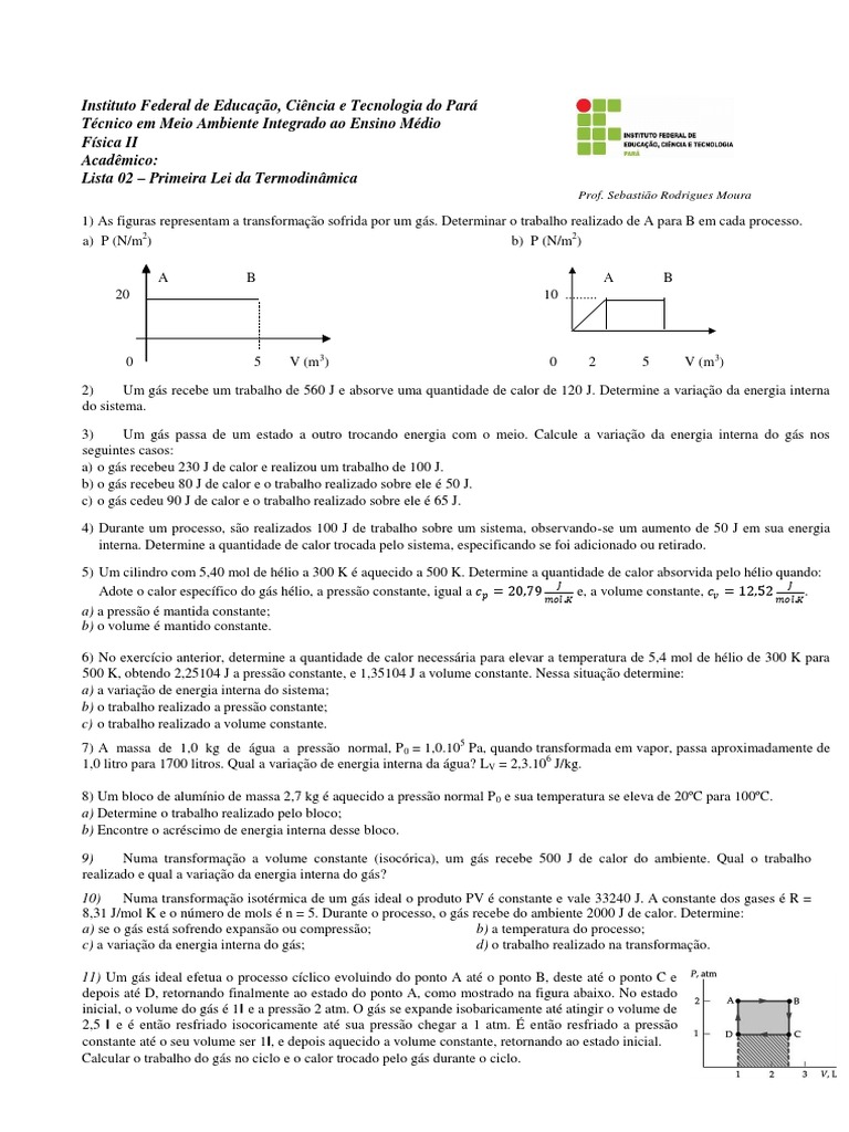 Exercícios sobre a Primeira Lei da Termodinâmica | PDF | Calor | Gases
