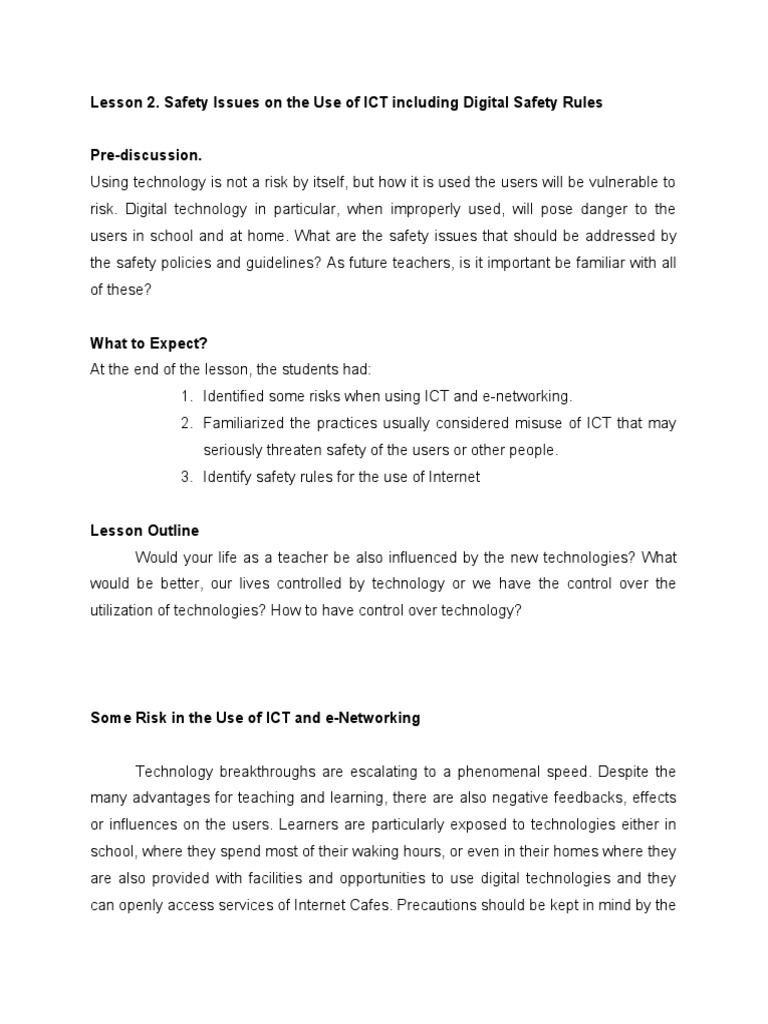 Safety Issues Including Digital Safety Rules PDF Educational