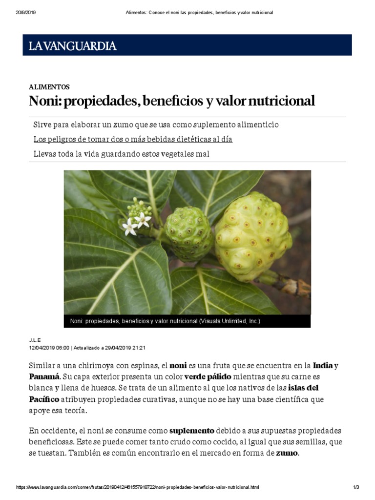 Conoce El Noni Las Propiedades, Beneficios y Valor Nutricional PDF