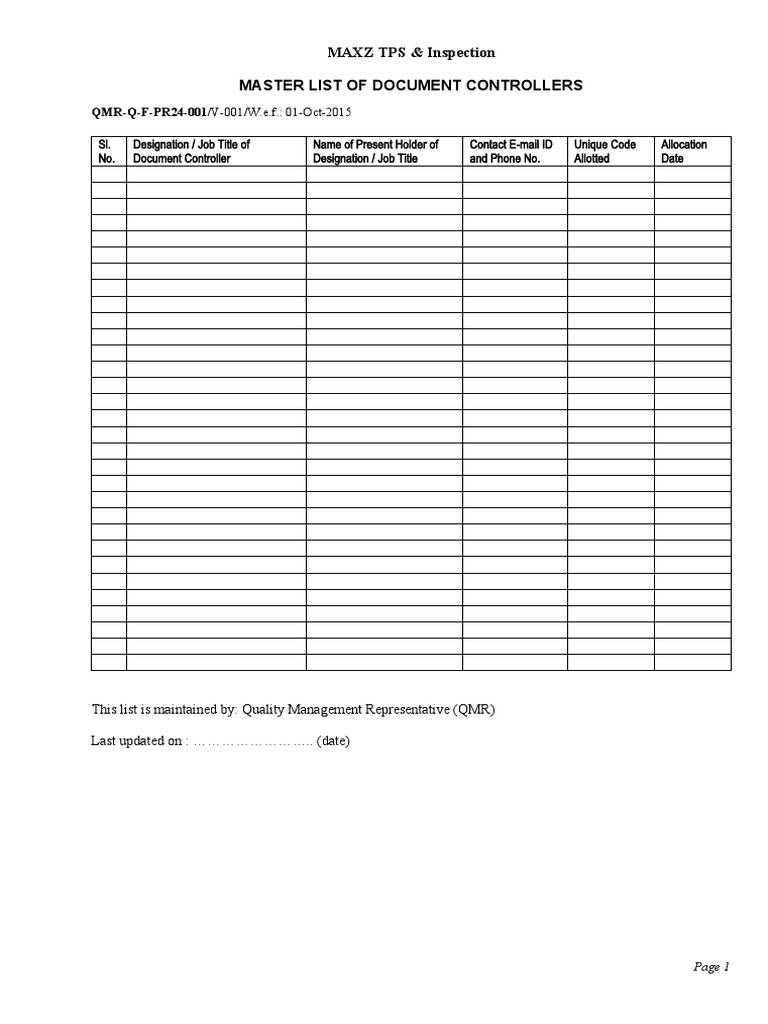 QMR-Q-F-PR24-001 Master List of Document Controllers | PDF