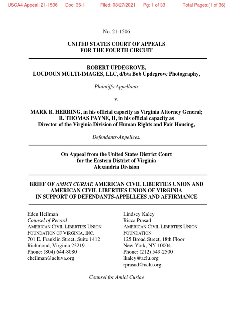 ACLU Amicus Brief in Updegrove v. Herring Download Free PDF First Amendment To The United