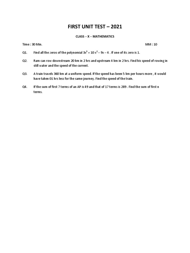 Class 10 Math Unit Test 2021 | PDF