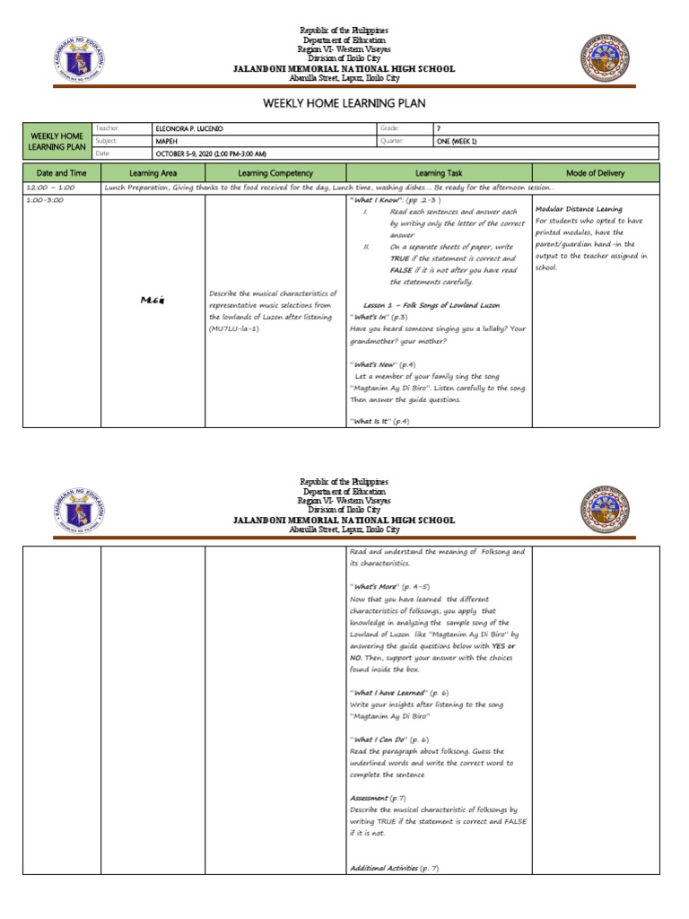 Weekly Home Learning Plan for Grade 7 MAPEH | PDF | Learning | Teachers