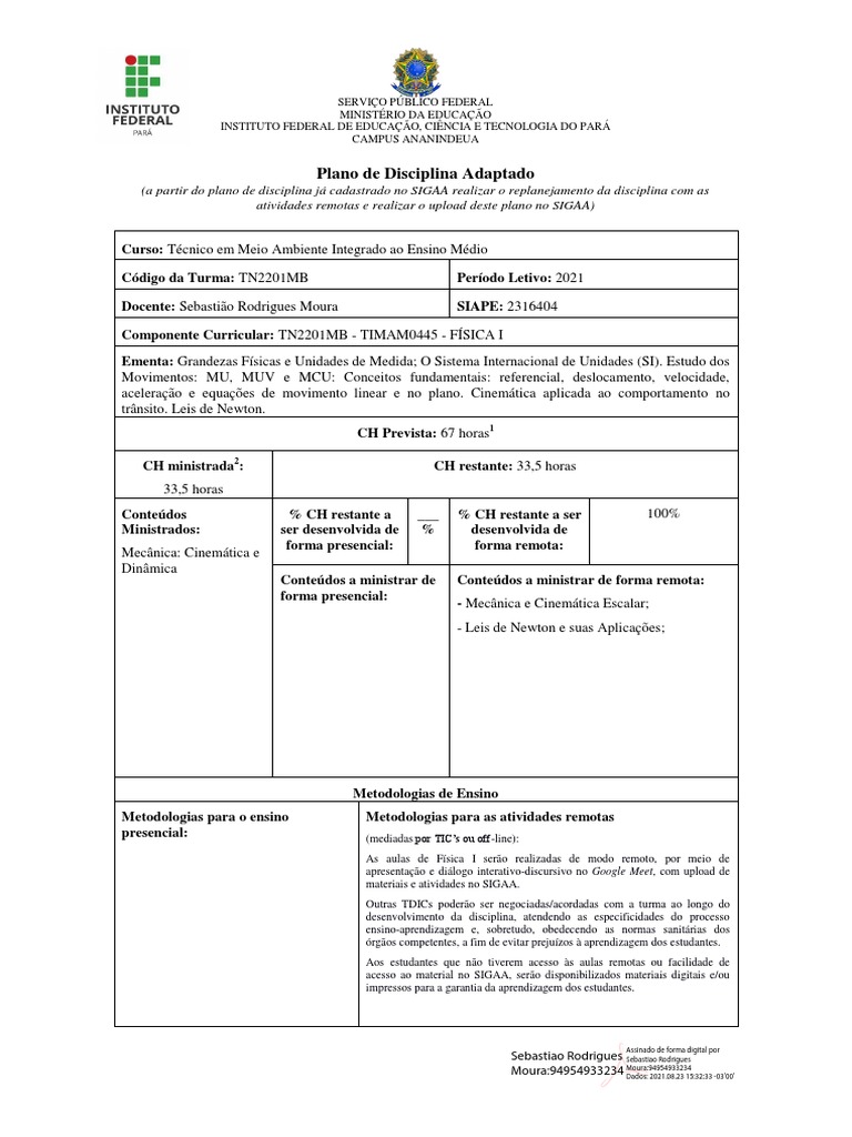 Plano de Ensino Remoto de Física I | PDF | Física | Aprendizado