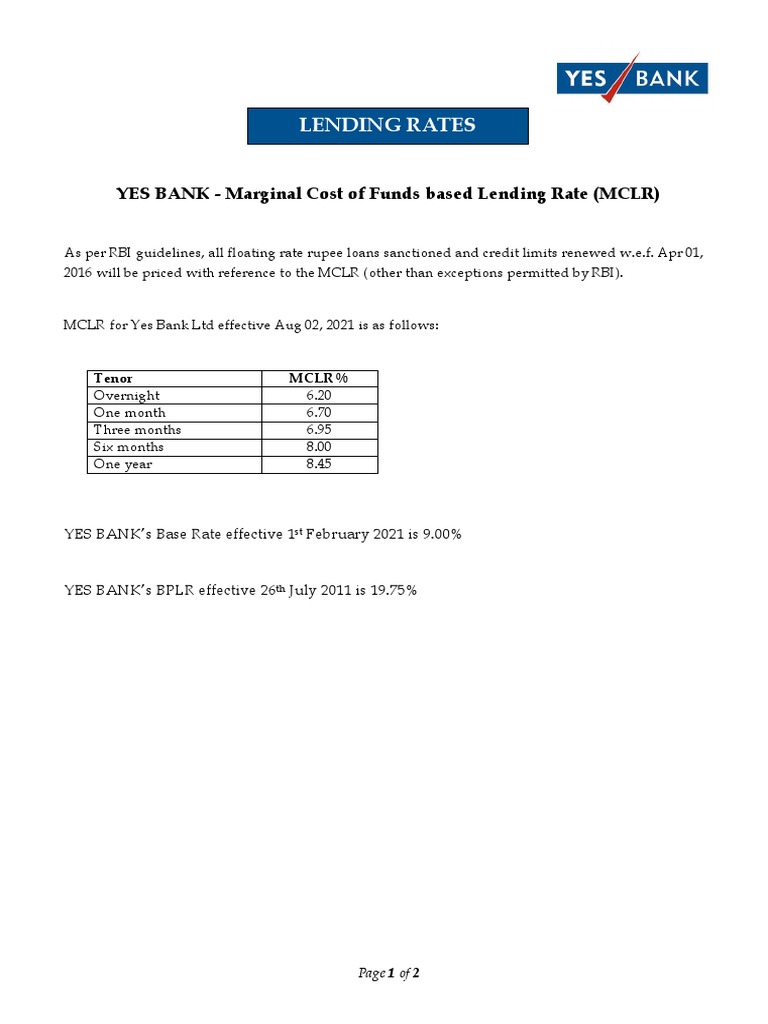 YES BANK MCLR and EBLR Rates - Aug 2021 | PDF
